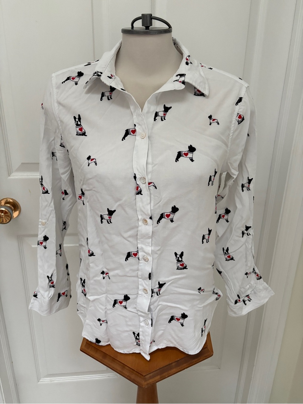 Jane and Delancey White Button-Down Shirt with Black and Red Dog Print